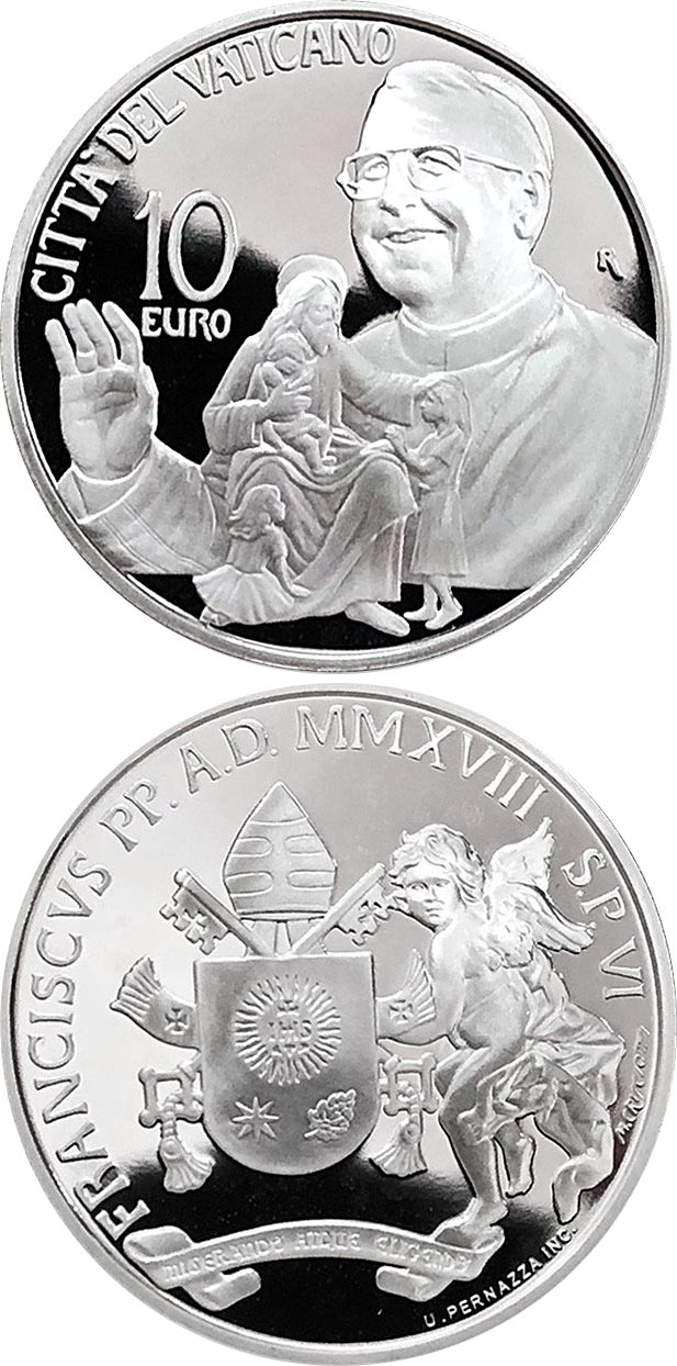 Image of 10 euro coin - 40th anniversary of the death of Pope John Paul I | Vatican City 2018.  The Silver coin is of Proof quality.