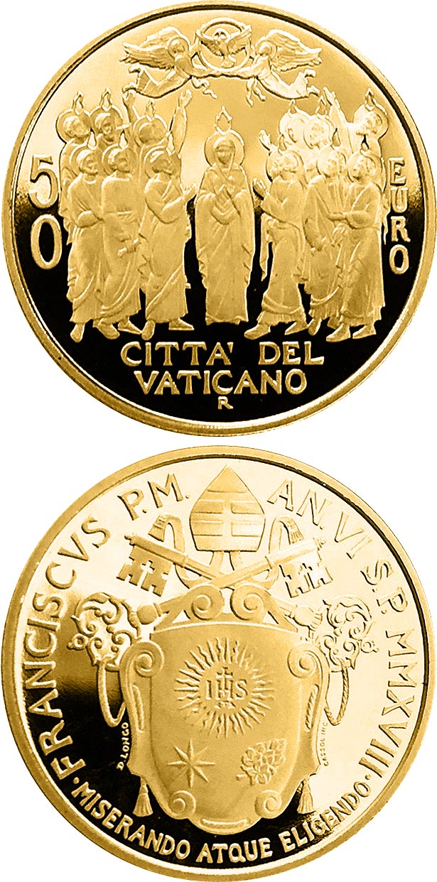 Image of 50 euro coin - Acts of the Apostles: Ascension - The Church of Jerusalem | Vatican City 2018.  The Gold coin is of Proof quality.