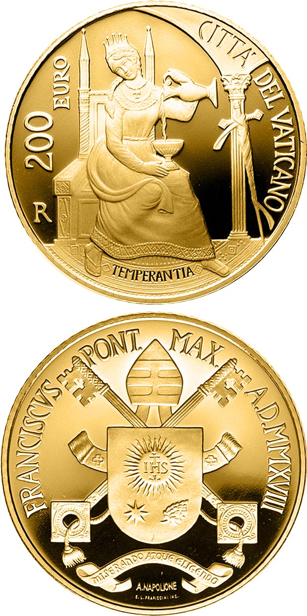 Image of 200 euro coin - The Cardinal Virtues - Temperance | Vatican City 2018.  The Gold coin is of Proof quality.