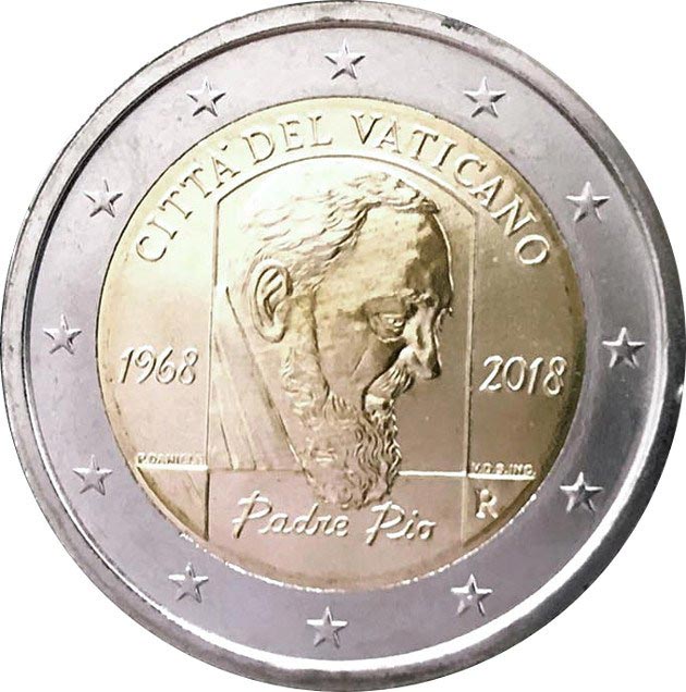 Image of 2 euro coin - 50th Anniversary of the death of Padre Pio | Vatican City 2018