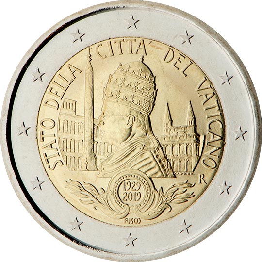 Image of 2 euro coin - 90th anniversary of the founding of the state of Vatican City | Vatican City 2019