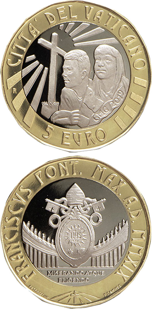 Image of 5 euro coin - Day of Youth in Panama | Vatican City 2019.  The Bimetal: CuNi, nordic gold coin is of BU quality.