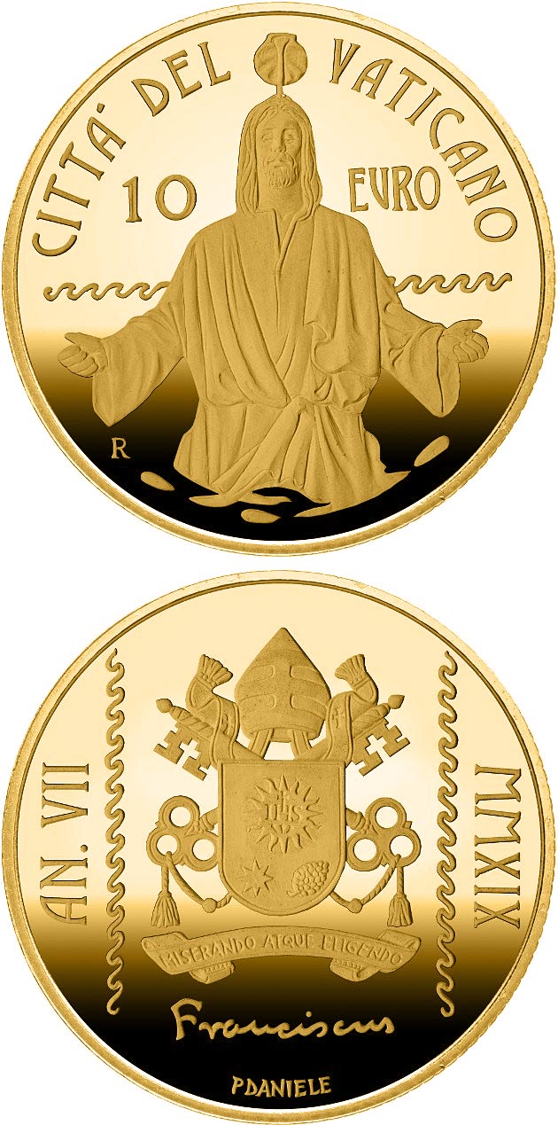Image of 10 euro coin - Baptism MMXIX | Vatican City 2019.  The Gold coin is of Proof quality.