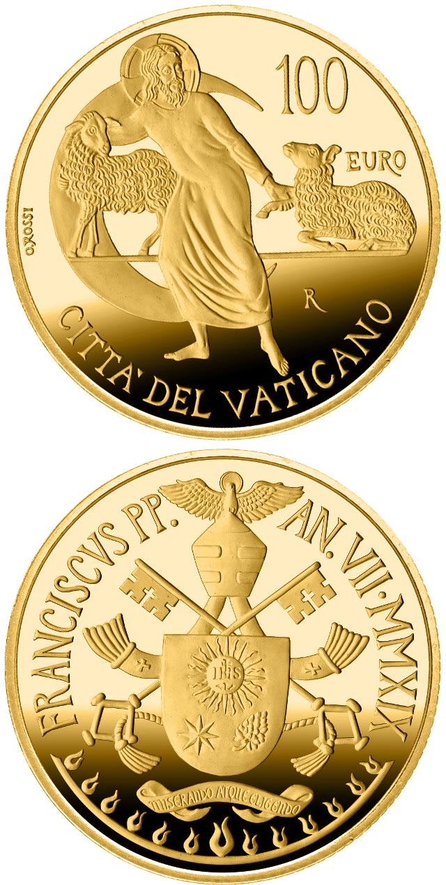 Image of 100 euro coin - The Apostolic Constitutions of the Second Vatican Council | Vatican City 2019.  The Gold coin is of Proof quality.