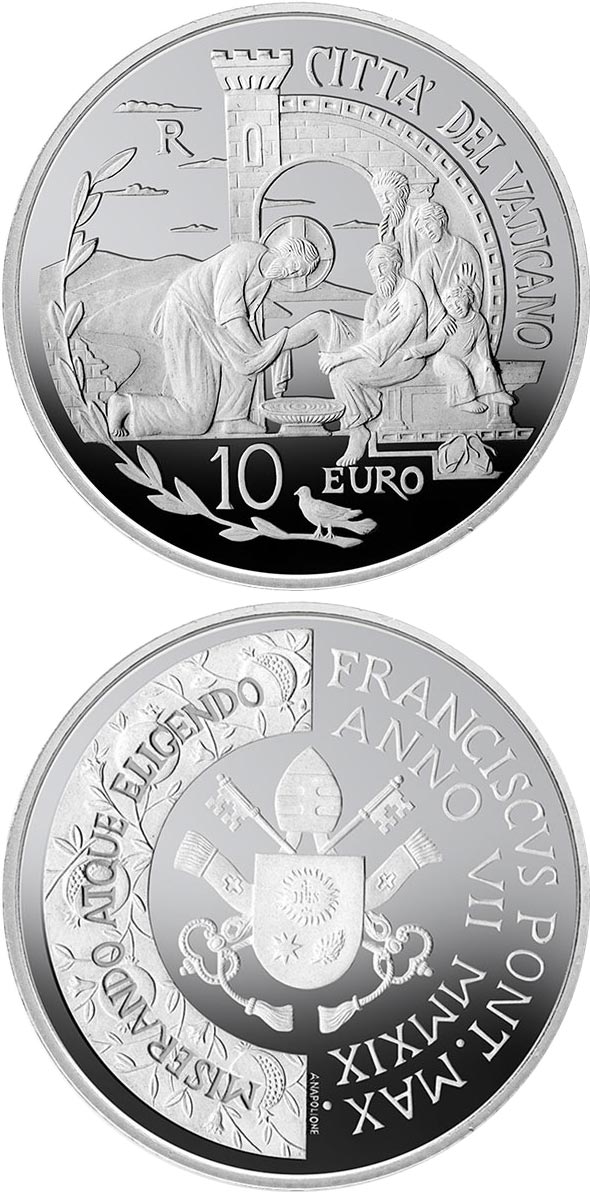 Image of 10 euro coin - 52nd World Day of Peace | Vatican City 2019.  The Silver coin is of Proof quality.