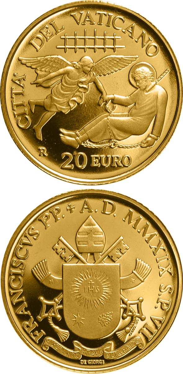 Image of 20 euro coin - The First Missions | Vatican City 2019.  The Gold coin is of Proof quality.