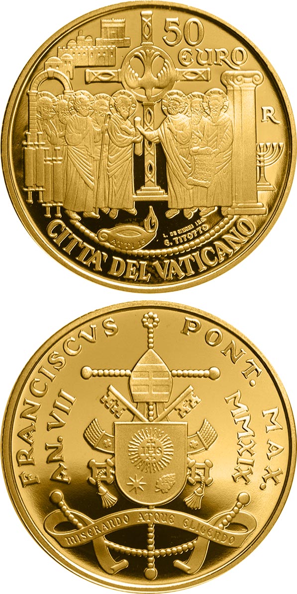Image of 50 euro coin - The Council of Jerusalem  | Vatican City 2019.  The Gold coin is of Proof quality.