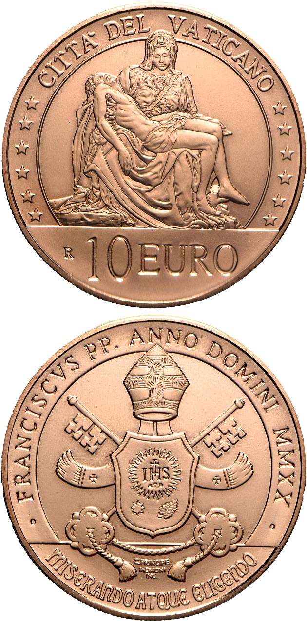 Image of 10 euro coin - The Pietà | Vatican City 2020.  The Copper coin is of Proof, BU quality.