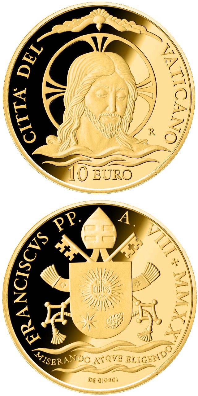 Image of 10 euro coin - Baptism MMXX | Vatican City 2020.  The Gold coin is of Proof quality.