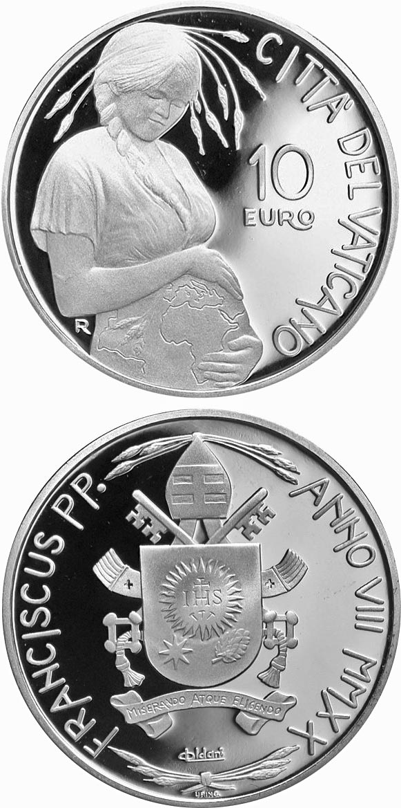 Image of 10 euro coin - 50th Anniversary of the World Day of Earth | Vatican City 2020.  The Silver coin is of Proof quality.