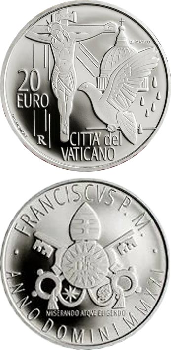 Image of 20 euro coin - Pope Francis Year MMXXI | Vatican City 2021.  The Silver coin is of Proof quality.