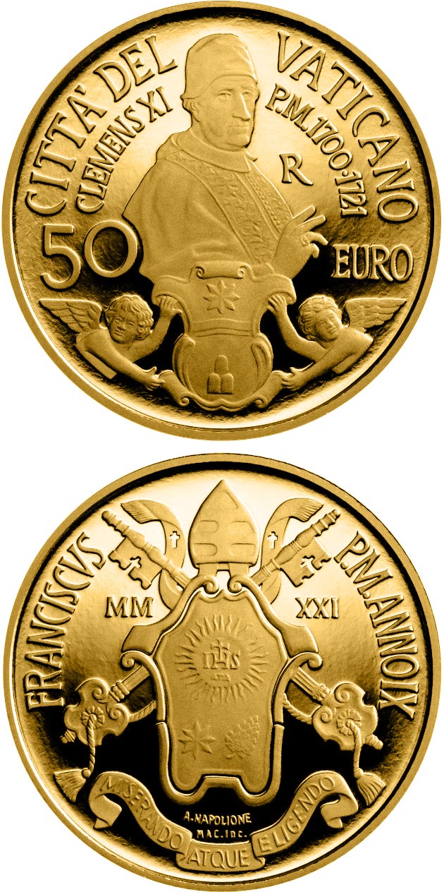 Image of 50 euro coin - Third centenary of the death of Pope Clement XI | Vatican City 2021.  The Gold coin is of Proof quality.