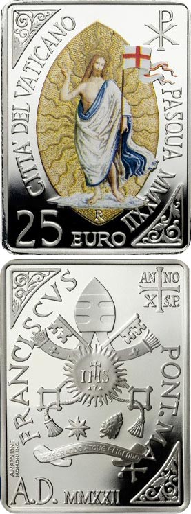 Image of 25 euro coin - Easter of Resurrection | Vatican City 2022.  The Silver coin is of Proof quality.