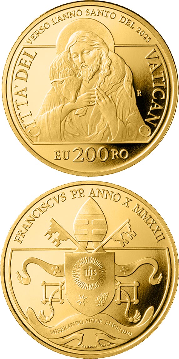 Image of 200 euro coin - Towards the Holy Year 2025 | Vatican City 2022.  The Gold coin is of Proof quality.