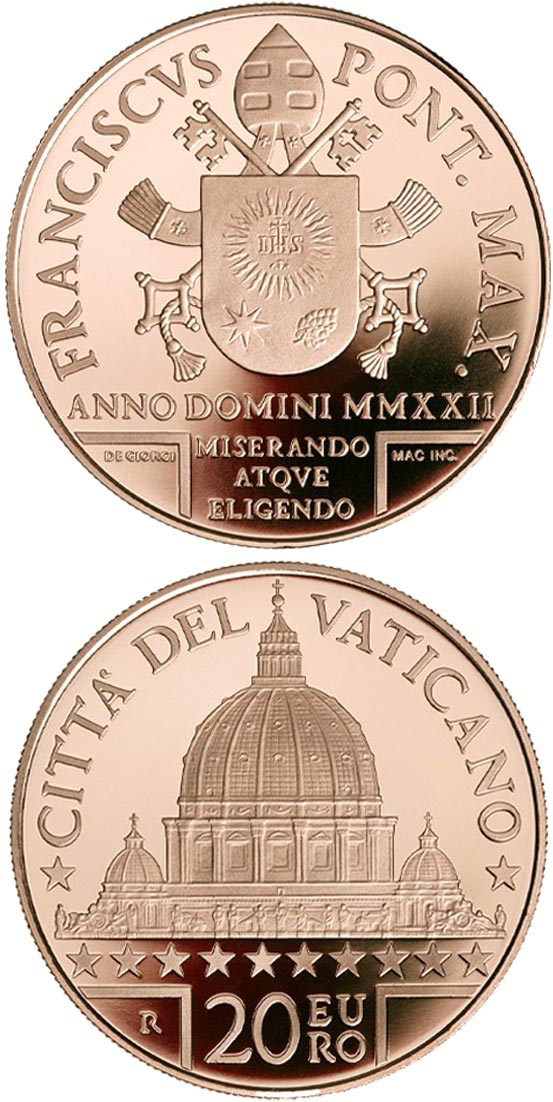 Image of 20 euro coin - St. Peter | Vatican City 2022.  The Copper coin is of Proof, BU quality.