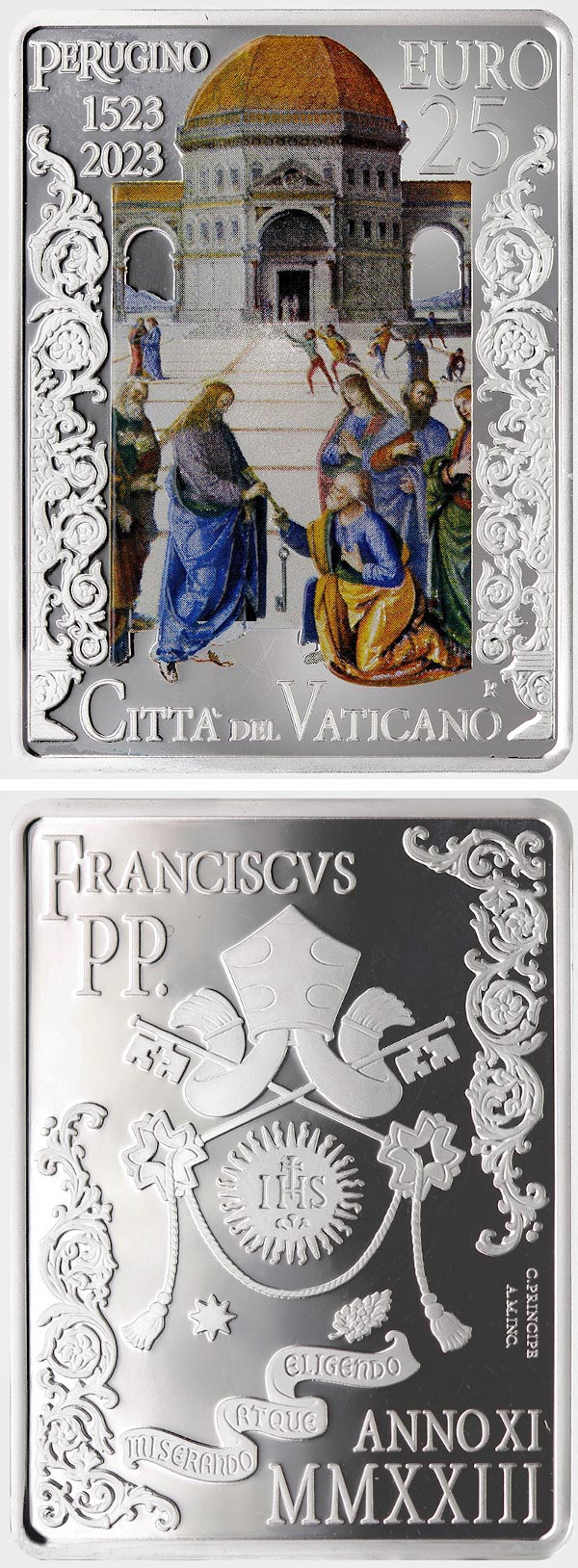 Image of 25 euro coin - 5th Centenary of the death of Pietro Perugino | Vatican City 2023.  The Silver coin is of Proof quality.