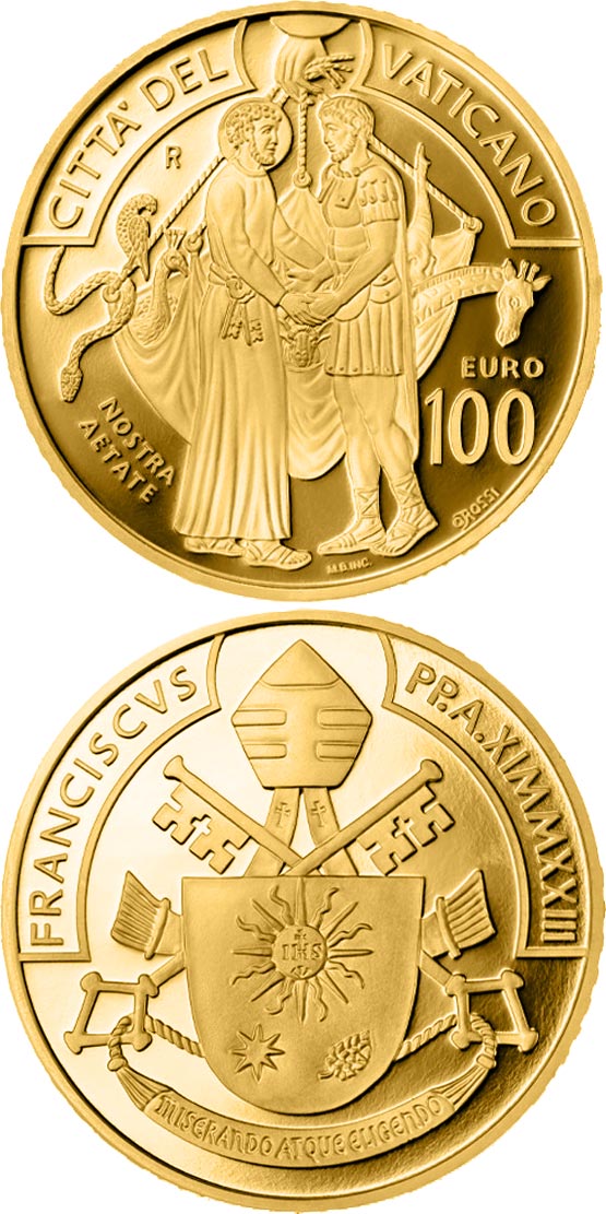 Image of 100 euro coin - Statements of the Second Vatican Council - Nostra Aetate | Vatican City 2023.  The Gold coin is of Proof quality.