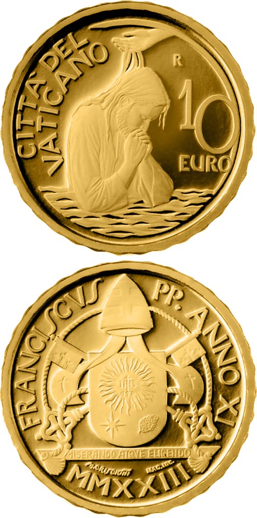 Image of 10 euro coin - Baptism - Year MMXXIII | Vatican City 2023.  The Gold coin is of Proof quality.