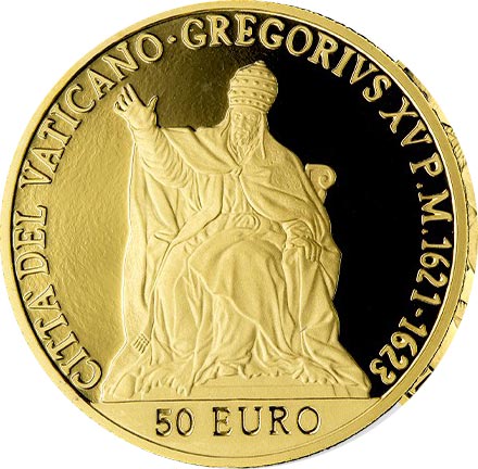 Image of 50 euro coin - 400th Anniversary of the death of Pope Gregorio XV | Vatican City 2023.  The Gold coin is of Proof quality.