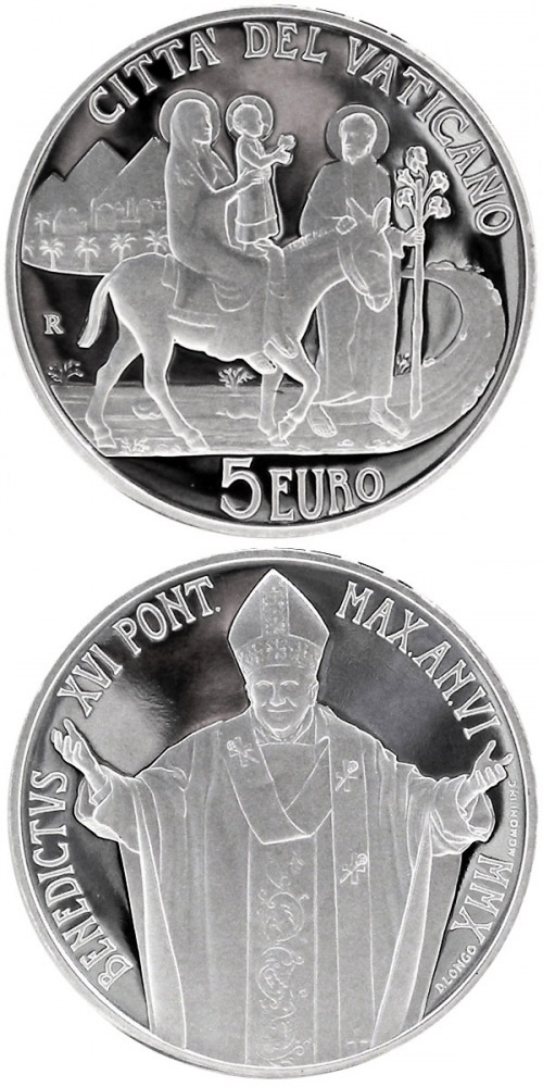 Image of 5 euro coin - 96th World Day of Migrants and Refugees  | Vatican City 2010.  The Silver coin is of Proof quality.