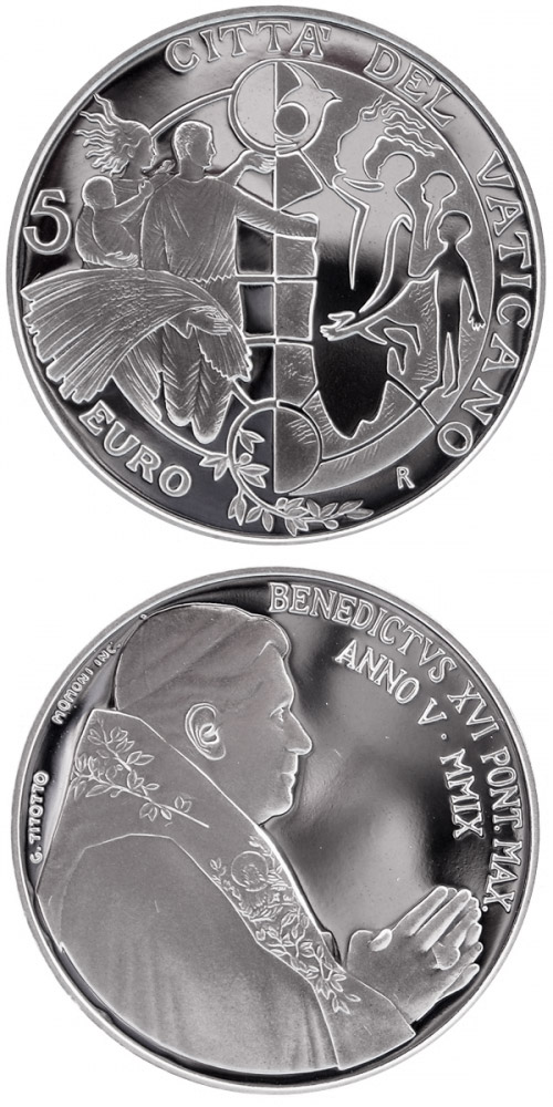 Image of 5 euro coin - 42nd World Day of Peace 2009  | Vatican City 2009.  The Silver coin is of Proof quality.