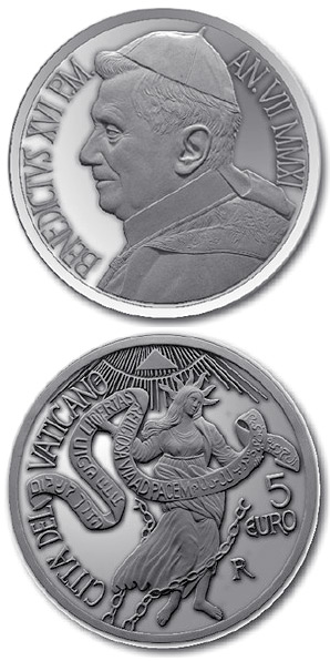 Image of 5 euro coin - 44th World Day of Peace  | Vatican City 2011.  The Silver coin is of Proof quality.