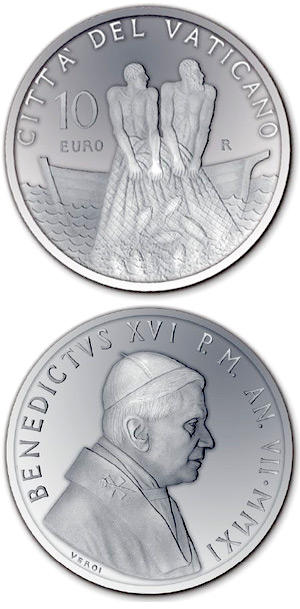 Image of 10 euro coin - 60th Anniversary of the Priestly Ordination of Benedict XVI | Vatican City 2011.  The Silver coin is of Proof quality.