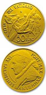 Image of 50 euro coin - The Restoration of the Pauline Chapel | Vatican City 2011.  The Gold coin is of Proof quality.