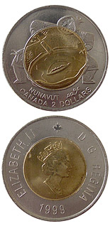 Image of 2 dollars coin - The founding of Nunavut | Canada 1999.  The Bimetal: CuNi, nordic gold coin is of UNC quality.