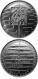 Image of 200 koruna coin - Entry into the Schengen Area | Czech Republic 2008.  The Silver coin is of Proof, BU quality.