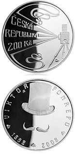 Image of 200 koruna coin - 150th anniversary of birth of cinema pioneer Viktor Ponrepo | Czech Republic 2008.  The Silver coin is of Proof, BU quality.
