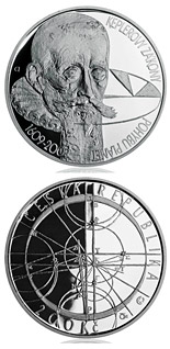 Image of 200 koruna coin - 400th anniversary - Kepler´ s Laws of Planetary Motion | Czech Republic 2009.  The Silver coin is of Proof, BU quality.