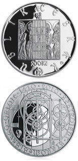 Image of 200 koruna coin - 600th anniversary - Construction of the Astronomical Clock in Prague's Old Town | Czech Republic 2010.  The Silver coin is of Proof, BU quality.