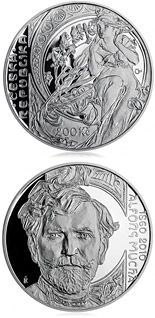 Image of 200 koruna coin - 150th anniversary - Birth of painter Alfons Mucha | Czech Republic 2010.  The Silver coin is of Proof, BU quality.