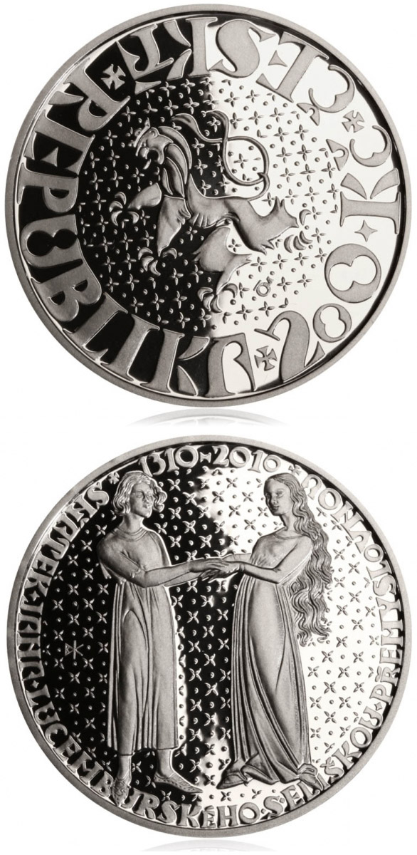 Image of 200 koruna coin - 700th anniversary – John of Luxembourg’s marriage to Elisabeth of Premyslides | Czech Republic 2010.  The Silver coin is of Proof, BU quality.