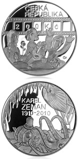 Image of 200 koruna coin - 100th anniversary birth of director Karel Zeman | Czech Republic 2010.  The Silver coin is of Proof, BU quality.