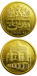 Image of 2500 koruna coin - Brewery at Plzeň | Czech Republic 2008.  The Gold coin is of Proof, BU quality.