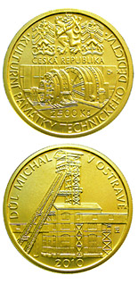 Image of 2500 koruna coin - Michal Mine at Ostrava | Czech Republic 2010.  The Gold coin is of Proof, BU quality.