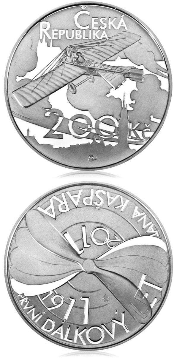 Image of 200 koruna coin - 100th anniversary of the first long-distance flight by Jan Kašpar | Czech Republic 2011.  The Silver coin is of Proof, BU quality.
