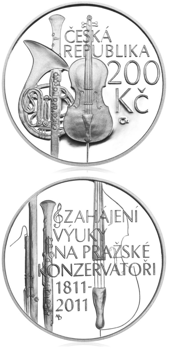 Image of 200 koruna coin - Prague conservatory opens | Czech Republic 2011.  The Silver coin is of Proof, BU quality.