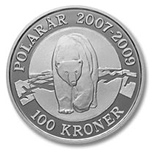 Image of 100 krone coin - Polar bear | Denmark 2007.  The Silver coin is of Proof quality.