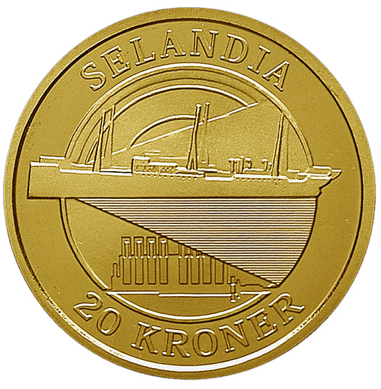 Image of 20 krone coin - Selandia | Denmark 2008.  The Nordic gold (CuZnAl) coin is of Proof, BU, UNC quality.