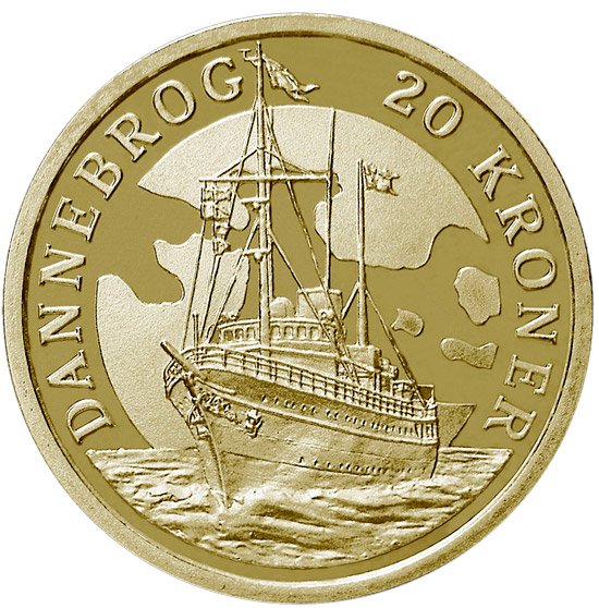 Image of 20 krone coin - The Royal Yacht Dannebrog | Denmark 2008.  The Nordic gold (CuZnAl) coin is of Proof, BU, UNC quality.