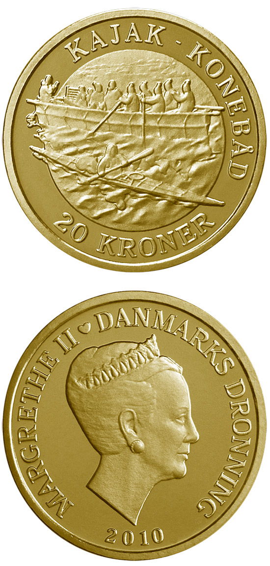 Image of 20 krone coin - Kayak Umiak - Women’s boat | Denmark 2010.  The Nordic gold (CuZnAl) coin is of Proof, BU, UNC quality.