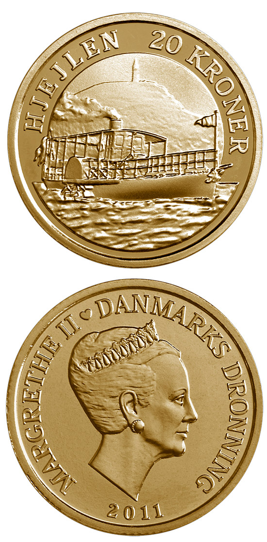 Image of 20 krone coin - Hjejlen | Denmark 2011.  The Nordic gold (CuZnAl) coin is of Proof, BU, UNC quality.