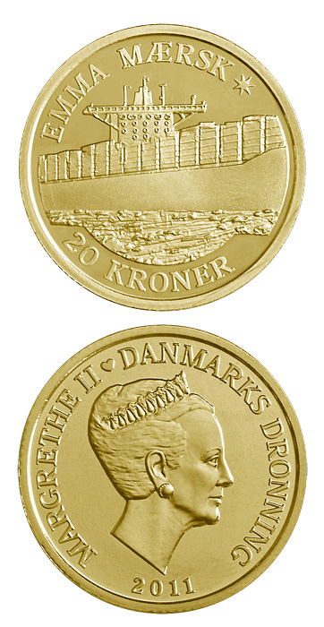 Image of 20 krone coin - Emma Mærsk | Denmark 2011.  The Nordic gold (CuZnAl) coin is of Proof, BU, UNC quality.