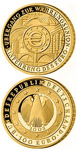 Image of 100 euro coin - Übergang zur Währungsunion - Einführung des Euro | Germany 2002.  The Gold coin is of Proof quality.