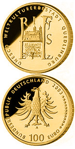 Image of 100 euro coin - UNESCO Welterbe Quedlinburg | Germany 2003.  The Gold coin is of Proof quality.