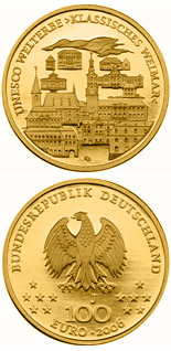 Image of 100 euro coin - UNESCO Welterbe Weimar  | Germany 2006.  The Gold coin is of Proof quality.