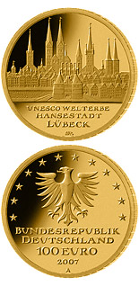 Image of 100 euro coin - UNESCO Welterbe Lübeck | Germany 2007.  The Gold coin is of Proof quality.